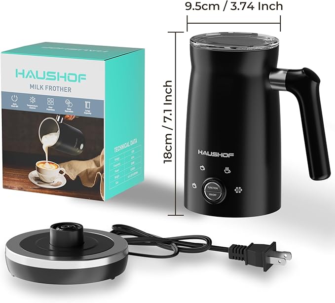 HAUSHOF Electric Milk Frother, 4-in-1 Milk Frother and Steamer, Large Capacity, Automatic Warm and Cold Foam Maker and Milk Warmer for Coffee, Latte, Macchiato, Cappuccino, Hot Chocolate, Black