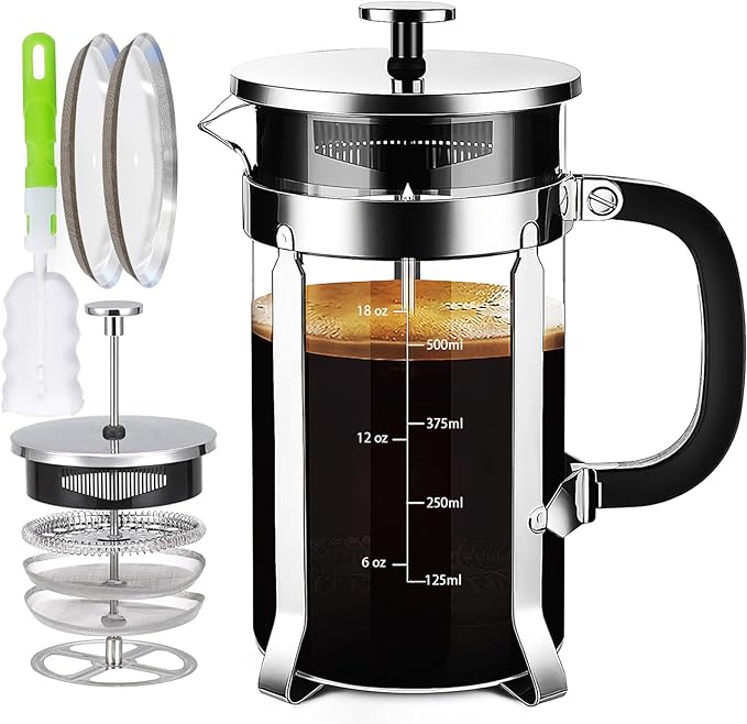 French Press Coffee Maker 304 Stainless Steel Coffee Press,with 4 Filters System, Heat Resistant Thickness Borosilicate French Press Glass, BPA-Free Brewed Tea Pot Coffee Plunger(Copper 12oz)