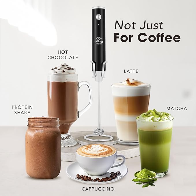 Zulay Kitchen Lux Rechargeable Milk Frother Handheld, 4 Included Whisks - Powerful 2-Speed Motor, Fully Waterproof, 2000mAh Battery - Drink Mixer For Latte, Cappuccino, Matcha, Protein Powder