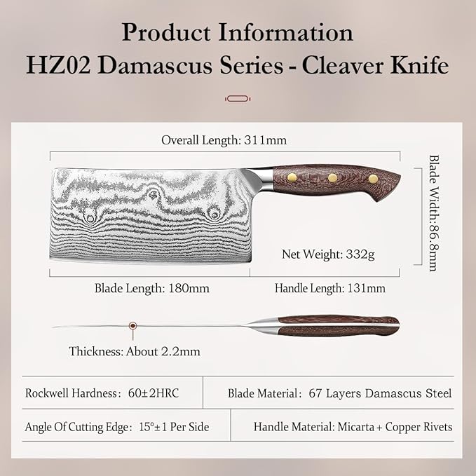 HEZHEN Meat Cleaver Knife,7 Inches, 67 Layers Damascus Steel Kitchen Knife, Professional Cleaver Knife for Meat and Vegetable Cutting, Ultra Sharp, Ergonomic Micarta Handle, Gift Packing