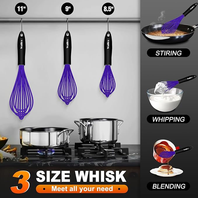Walfos Whisk,7+9+11in Silicone Whisks for Cooking Non Scatch,Kitchen Whisk,BPA Free and Heat Resistant 480°F,Wisk Perfect for Frothing,Blending,Beating.Dishwasher Safe 3pcs Dark Purple