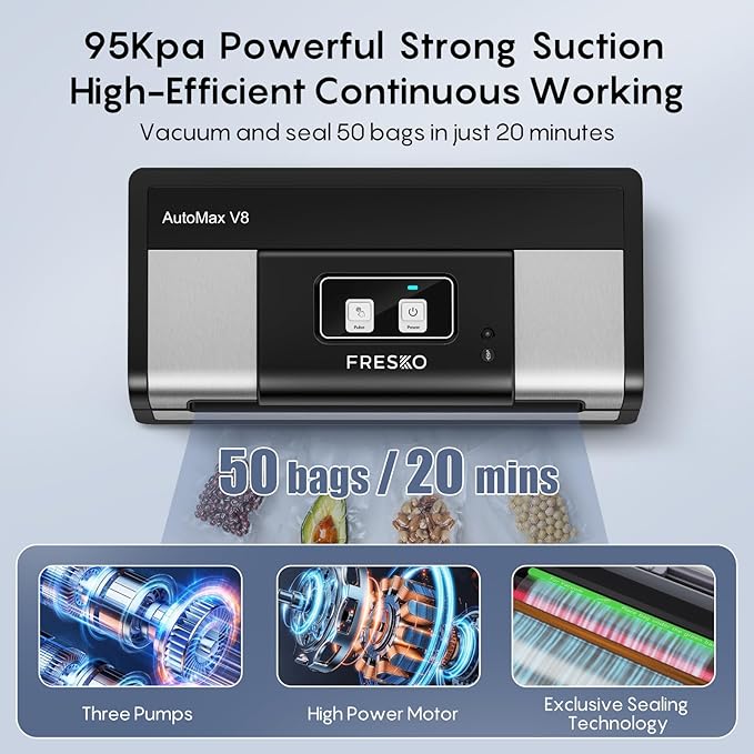 Fully Automatic Vacuum Sealer, 95Kpa Powerful Food Vacuum Sealer Machine, Auto Dry-Wet Detection | Bag Cutter | 2 Rolls Bags & 100 Pcs Precut Bags | Effortless Operation, Silver - Black