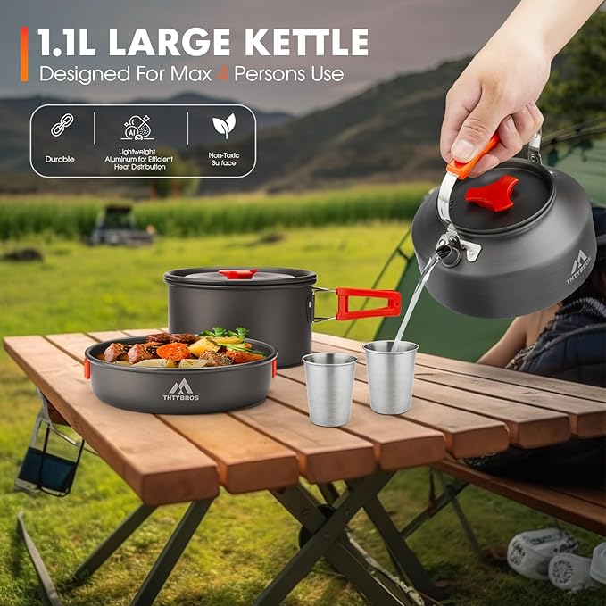 17pcs Camping Cookware Kit, 0.45Gal Pot, 7inches Pan,0.30Gal Kettle Set with 2 Set Stainless Steel Cups Plates Forks Knives Spoons for Hiking