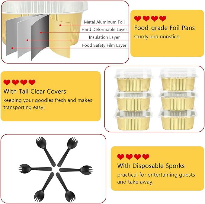 5oz/80pack Foil Mini Cake Baking Pans with Lids,LNYZQUS Small Disposable Ramekins Cupcake Tins Muffin Baking Cups,Aluminum Square Brownie Pan Mini Cheesecake Containers-Gold