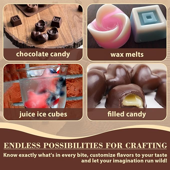 HKNMTT Chocolate Molds Silicone for Hard Candy Butter, 4 Pcs Small Bite Size Heart Star Sqaure Shapes Truffle Caramel Mould, Homemade Wax Melts Food Grade Baking Set Oven Safe Kit