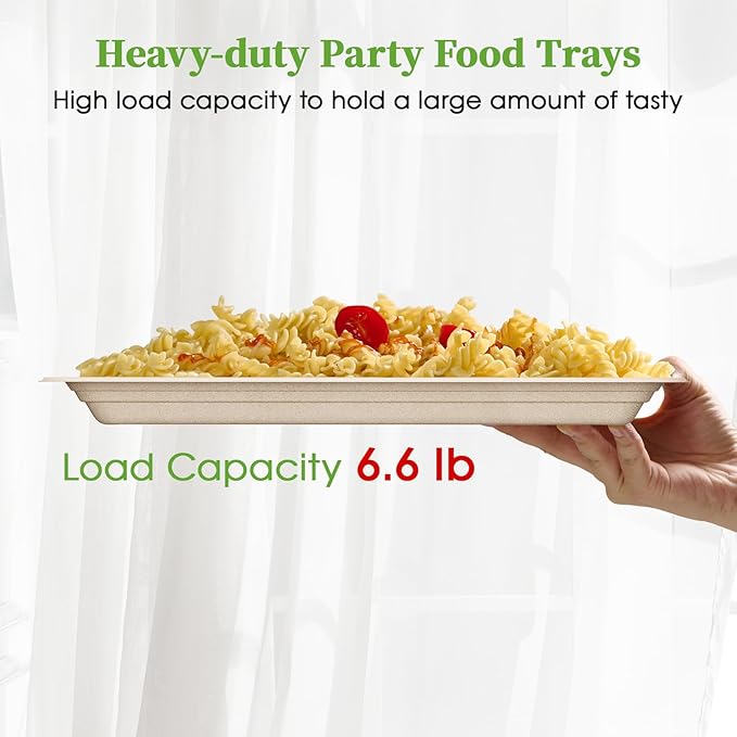 ECOLipak 50 Pack 14 Inch Disposable Food Crawfish Trays, Compostable Large Paper Plates, Disposable Thanksgiving Trays for Serving Food, Turkey, BBQ, Seafood Boil Party Supplies(Nature)