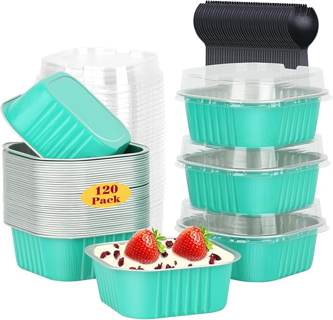 120pack 5oz Mini Cake Pans with Lids,LNYZQUS Aluminum Foil Cupcake Baking Cups Muffin Tin,Disposable Ramekins Small Cake Mini Brownie Baking Pan Cheesecake Containers -Cyan Blue
