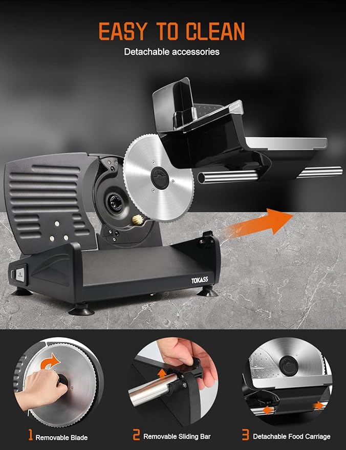 Meat Slicer, 200W Electric Food Slicer with 2 Removable 7.5" Stainless Steel Blades and Stainless Steel Tray, Child Lock Protection, Adjustable Thickness, Food Slicer Machine for Meat Cheese Bread