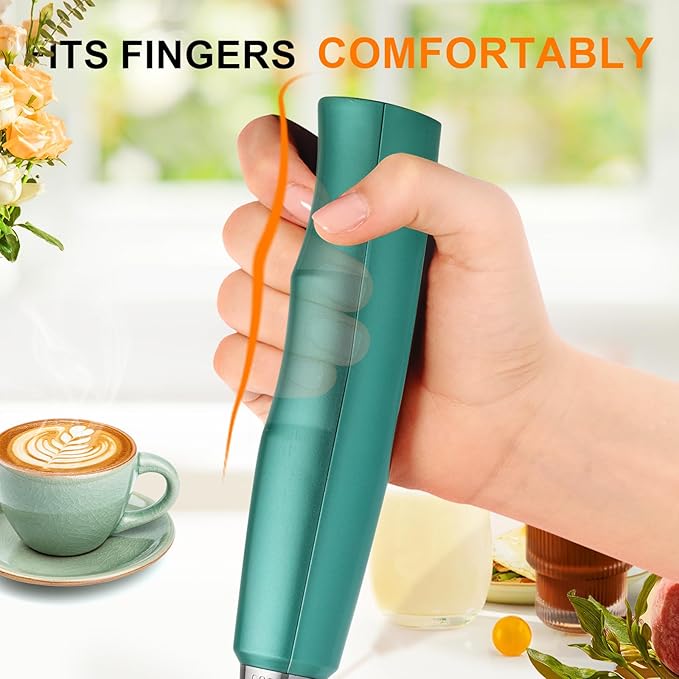 YUSWKO Green Handheld Milk Frother Wand for Coffee, Rechargeable Electric Whisk with 3 Heads 3 Speeds Drink Mixer Coffee Frother For Latte, Cappuccino, Hot Chocolate, Egg