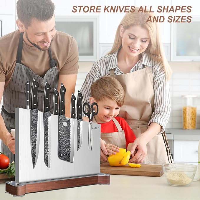 Large Magnetic Knife Block Holder Without Knives for Kitchen Counter, Stainless Steel Material Magnetic Knife Storage Stand Rack with Strong Double Sided Magnet and Wood Base - 16.15 x 11 Inches
