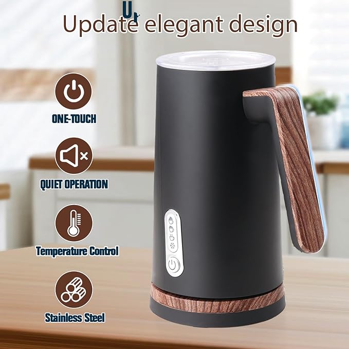 Electric Milk Frother and Steamer, 4-in-1 Milk Steamer with Wood Elements Design, Automatic Hot & Cold Foam Maker for Latte, Cappuccinos, Macchiato, Milk Warmer, Black (black)