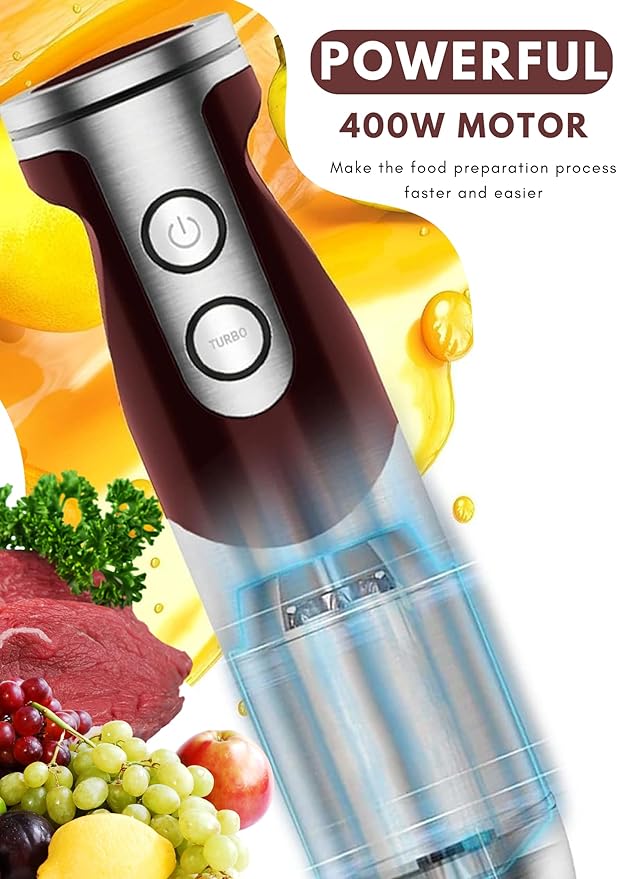 MegaWise 5-in-1 Hand Blender Set with Variable Speed Control, 400W Immersion Blender - Includes Whisk, Milk Frother, Chopper, and Beaker for Smoothies, Soups, and Baby Food (RED)