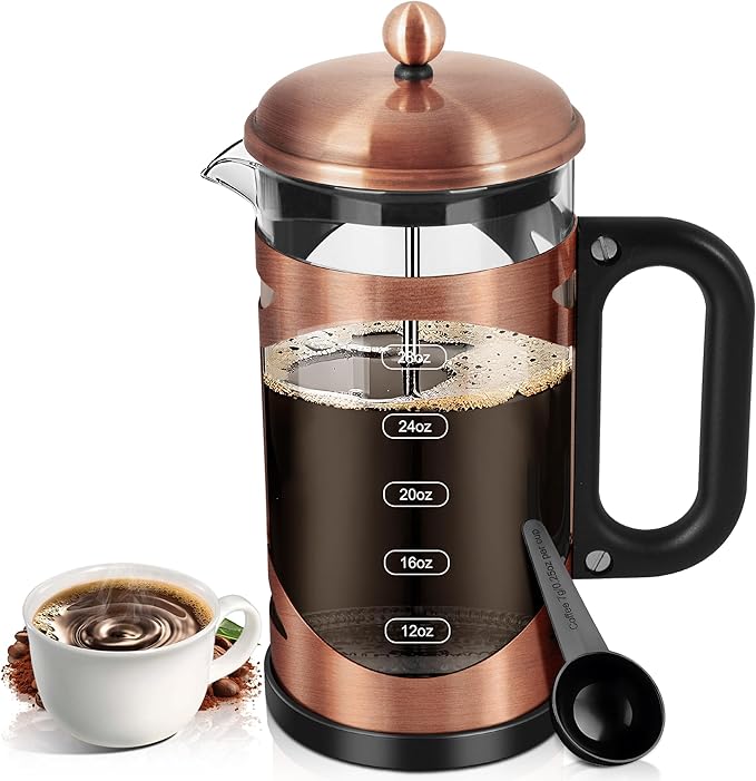 34 Ounce French Press Coffee Maker Copper Stainless Steel Coffee Press, with 4-Level Filter System, Heat Resistant Thickness Borosilicate Glass, BPA-Free Brewed Coffee Pot for Camping Gifts
