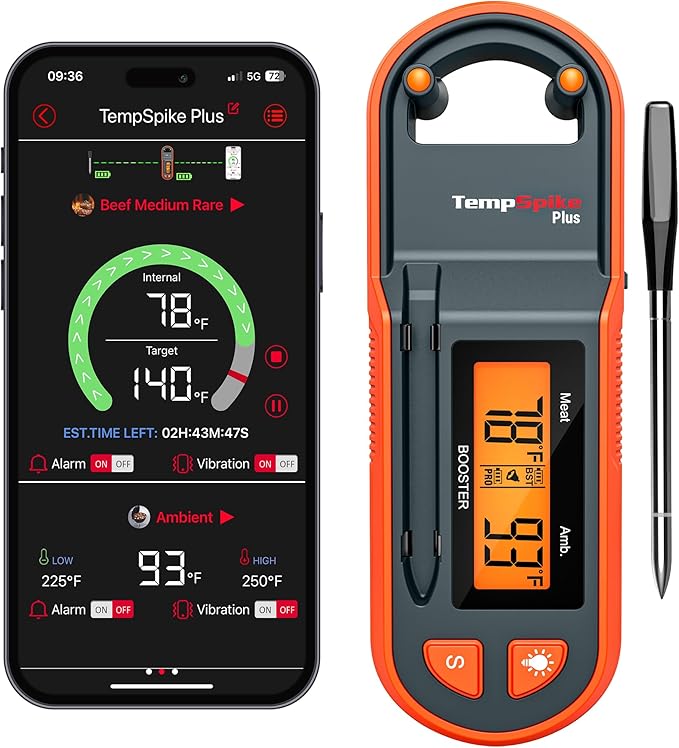 Thermopro TempSpike 600 ft Wireless Meat Thermometer Digital with Ultra-Thinner Probe, Bluetooth Meat Thermometer Wireless with LCD-Enhanced Booster for BBQ Grill Smoker Rotisserie Sous Vide