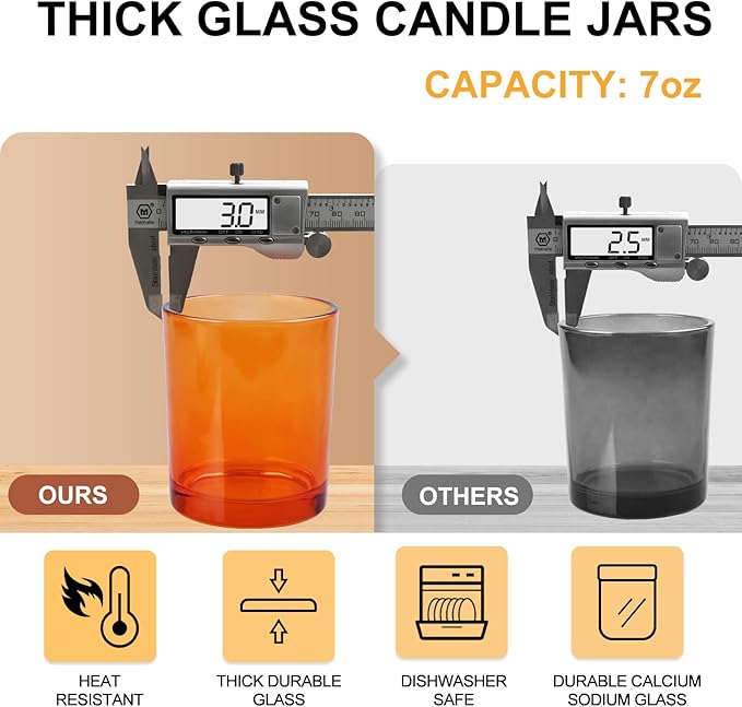 SHOWIN Thick Candle Jars for Making Candles 12 Pcs, 7 OZ Empty Jars with Wood Lids for Candle Making, Sample Container, Clear Orange