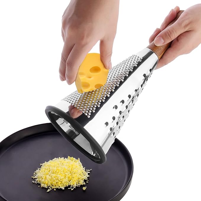 Cone Cheese Grater with Handle - Stainless Steel Triple Function Wood Handle Parmesan Shaver Non-Slip Rubber Bottom Hand Held Multifunction Vegetables Cheese Grater with container(XL:11.8" X 5.1")