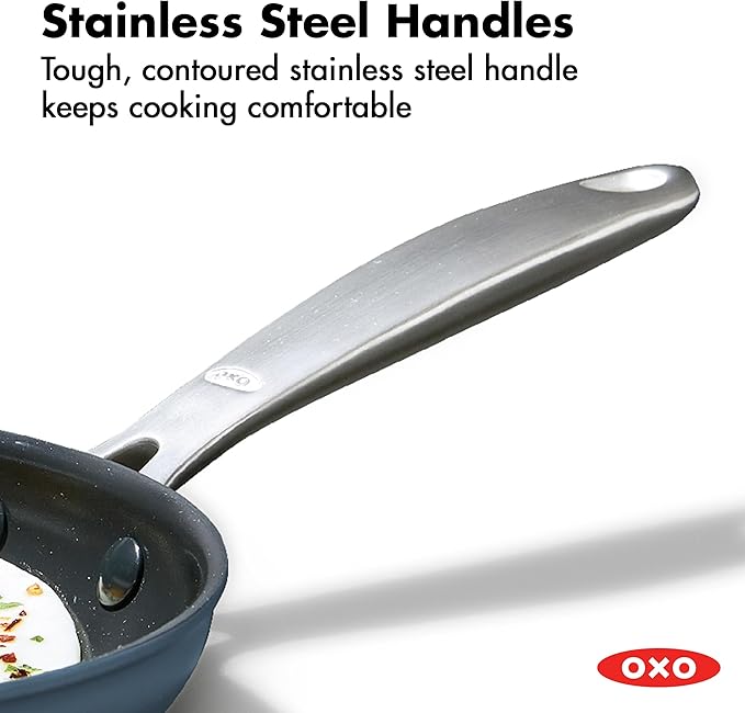 OXO Enhanced 10” Nonstick Frying Pan Skillet, Ceramic PFAS-Free Cookware, Stainless Steel Handle, Eggs & Omelets, Dishwasher & Oven Safe, Storm Blue