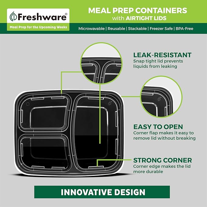 Freshware Meal Prep Containers [25 Pack] 3 Compartment with Lids, Food Storage Containers, Bento Box, Stackable, Microwave/Dishwasher Safe (32 oz)
