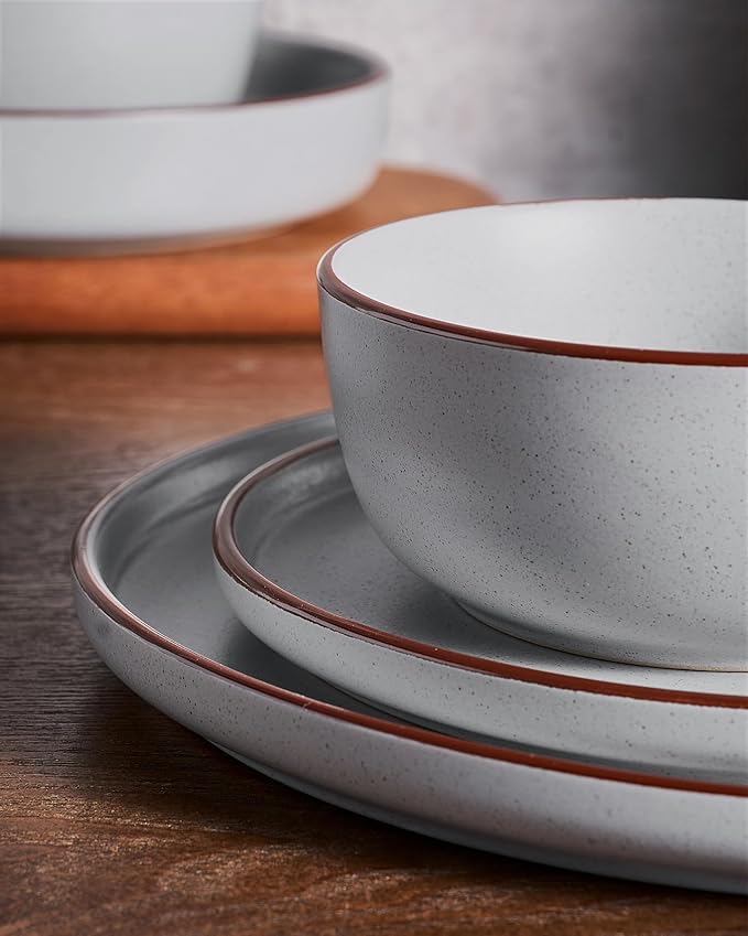 Famiware Mercury Plates and Bowls Sets, 12 Pieces Stoneware Dinnerware Sets, Dishes Set for 4, Microwave and Dishwasher Safe, Light Grey