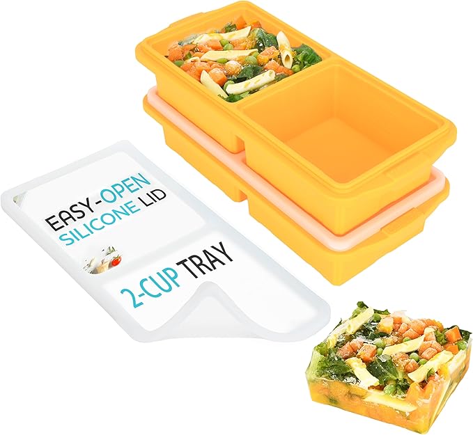 Silicone Freezer Tray With Lid-Soup Freezer Container molds-2-cup Extra Large Ice Cube Tray-makes 4 perfect 500ml portions cubes, For freezing soup,stews,sauces.Oven&Dishwasher-Safe(2-Pack)