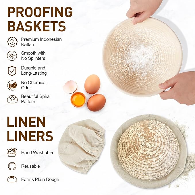 Banneton Bread Proofing Basket, Round and Oval Sourdough Starter Kit with Two Bread Slings and 27×19in Silicone Baking Mat Bread Making Tools Set, Gift for Family Lovers or Friends