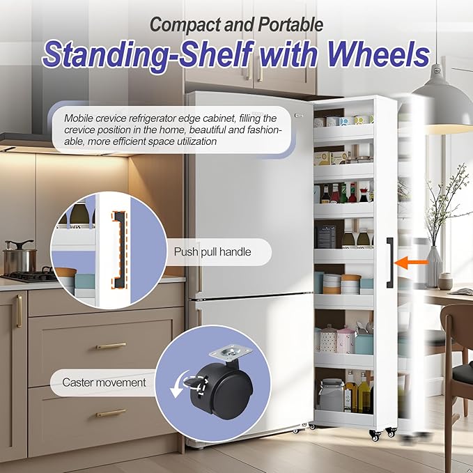 7-Tier Slim Storage Cart, Wooden Rolling Pantry Cabinet with Wheels, Narrow Shelf Organizer for Kitchen, Bakers Rack, Dining Room, Closet, Small Spaces Teak 73.2‘’H*5.9''W*19.6''D