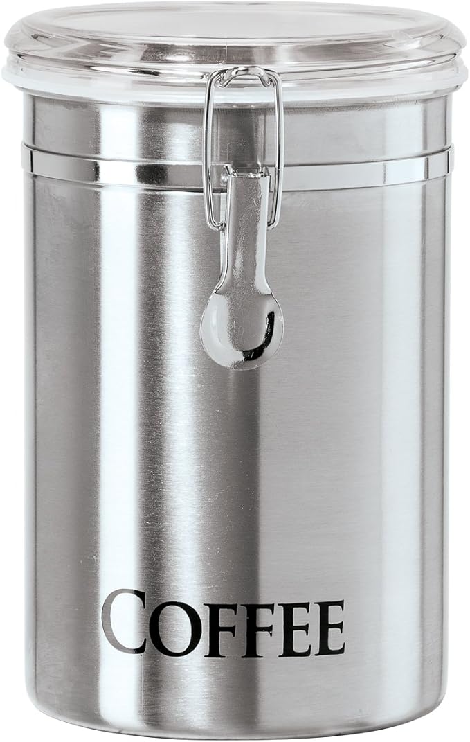 OGGI Stainless Steel Canister 62oz - Airtight Clamp Lid, Clear See-Thru Top. Large Size 5" x 7.5" & Jumbo 8" Stainless Steel Flour Clamp Canister - Airtight Food Storage Container Ideal, Dry Foods