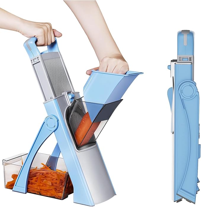 Upgrade Safe Mandoline Slicer for Kitchen, 5 in 1 Vegetable Chopper, Mandolin Potato Slicer with Thickness Adjuster, French Fry Cutter, Veggie Dicer Faster Kitchen Slicer for Meal Prep Blue