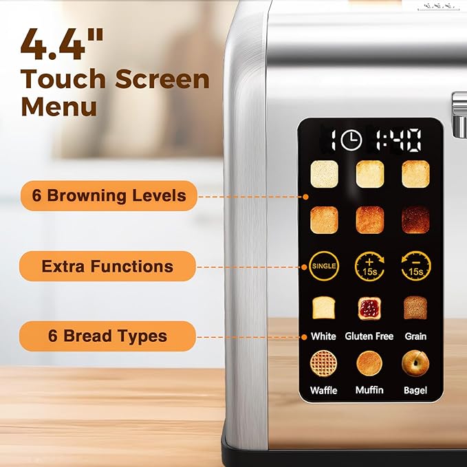 2 Slice Touch Screen Toaster, Stainless Steel Toaster with Wide Slots for Bagels and Bread, Reheat/Defrost/Cancel Functions, Removable Crumb Tray, Silver