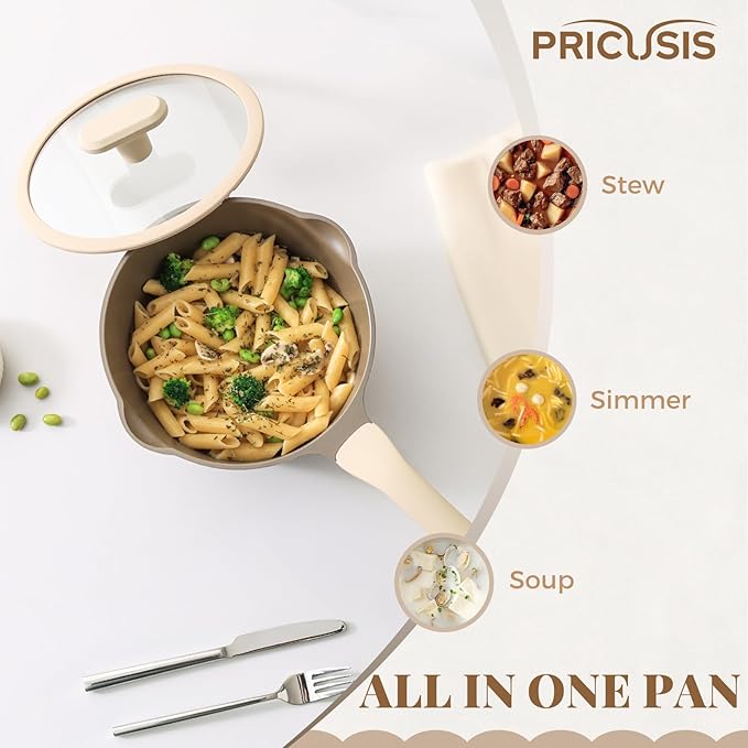 PRICUSIS Nonstick Saucepan with Lid, 2 Quart Sauce Pan, Healthy Sauce Pot with Pour Spouts for Multipurpose Use, PTFE, PFOA Free, Induction Compatible, Apricot
