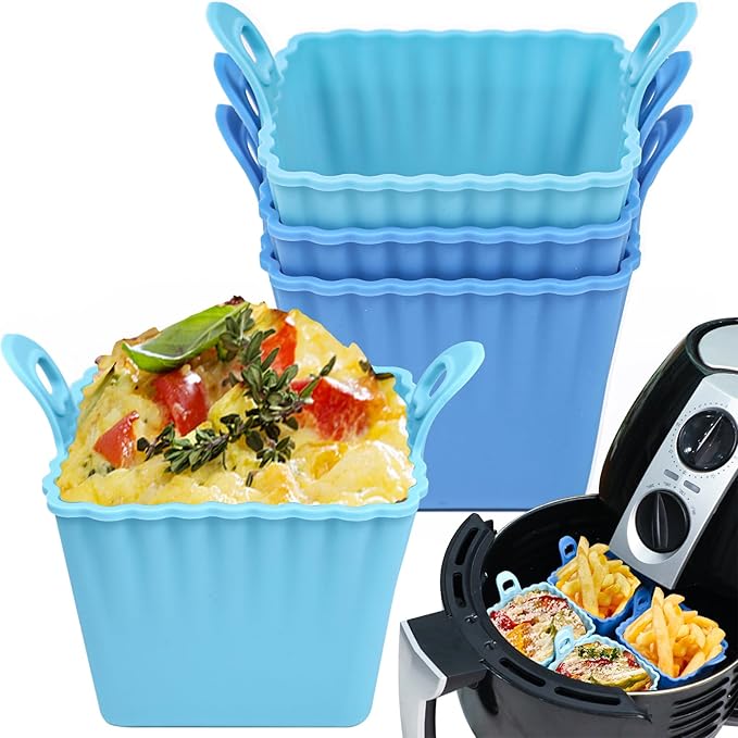 Koluti Reusable Egg Bites Silicone Mold Set of 4, Nonstick Muffin Baking Cupcake with Double Handle, Small Square Air Fryer Cupcake Liners, 2 Color