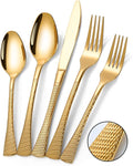 Lemeya Hammered Gold Silverware Set,20 Piece Modern Flatware Set Service for 4,Mirror Polished Stainless Steel Cutlery Set Utensil Set Tableware Set,Kitchen Knives Forks Spoons Set,Dishwasher Safe