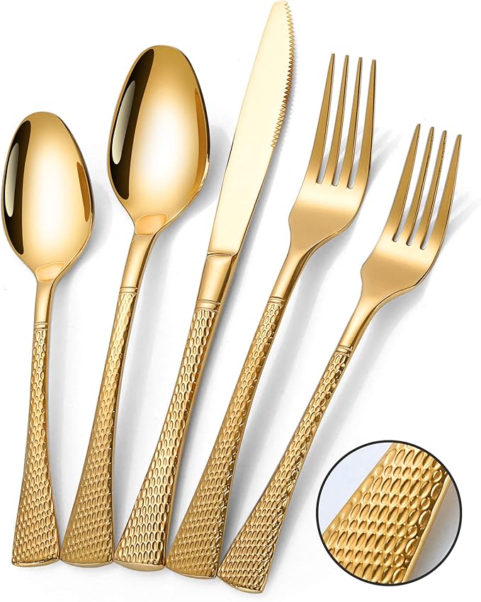 Lemeya Hammered Gold Silverware Set,20 Piece Modern Flatware Set Service for 4,Mirror Polished Stainless Steel Cutlery Set Utensil Set Tableware Set,Kitchen Knives Forks Spoons Set,Dishwasher Safe