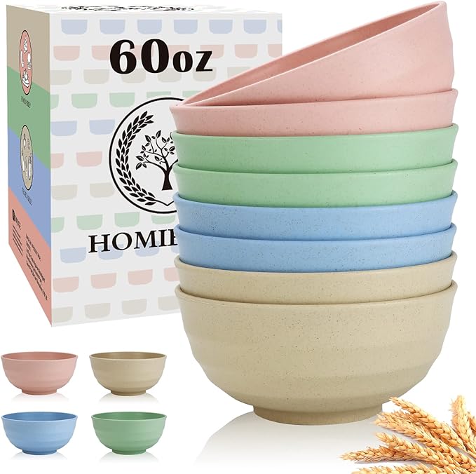 Homienly Large Wheat Straw Bowls 60oz Light Color Bowl Set of 8 - The Ultimate All-in-One Set for Salad, Soup, Cereal & Oatmeal, Microwave Safe & Unbreakable