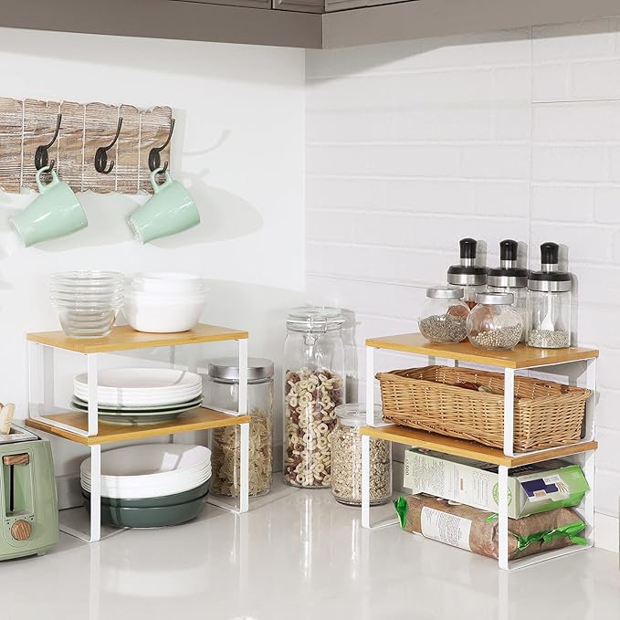SONGMICS Cabinet Organizer Shelf, Set of 4 Kitchen Counter Shelves, Kitchen Storage, Spice Rack, Stackable, Expandable, Metal and Engineered Wood, Cloud White and Natural Beige UKCS010N01