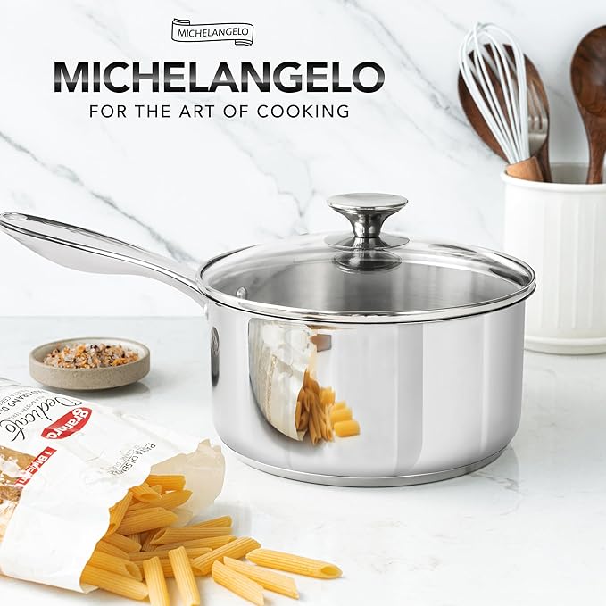 MICHELANGELO 3 Qt Saucepan with Lid, 3-ply Stainless Steel Sauce Pan, No Coating, Even Heating, for All Cooktops & Induction Compatible - Silver