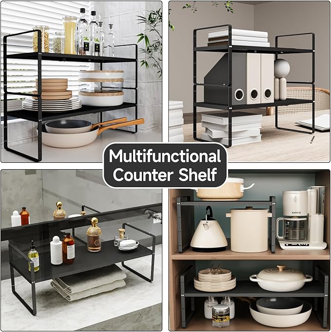 16.5-27’’L Expandable Kitchen Shelf Organizer, Stackable Shelves Organizer, Adjustable Height Pantry Spice Rack for Cabinet, Countertop, Pantry and Cupboard, Black