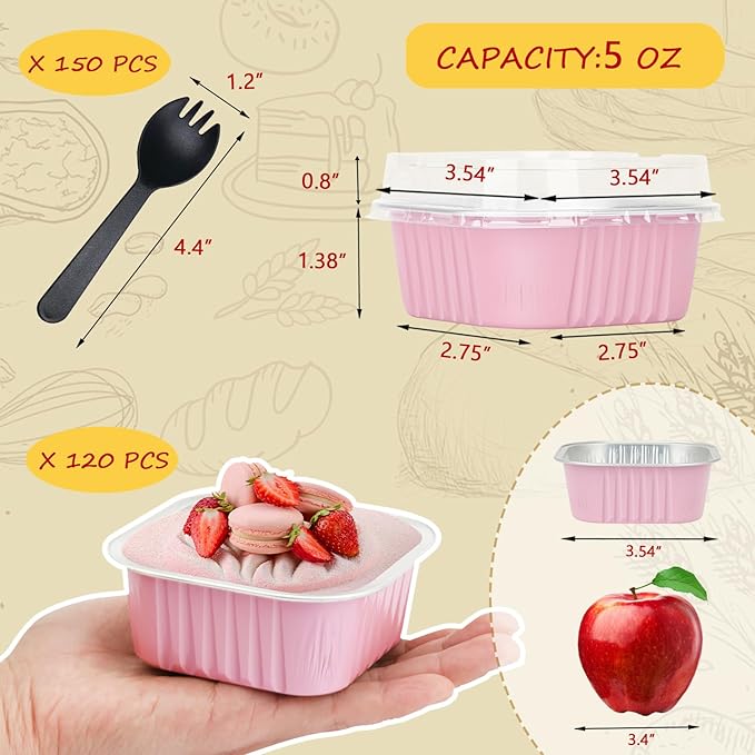 120pack 5oz Mini Cake Tins Cupcake Pan with Lids,LNYZQUS Aluminum Foil Baking Cups,Disposable Ramekins Small Brownie Muffin Pans Mini Cheesecake Containers for Home Bakery-Pink