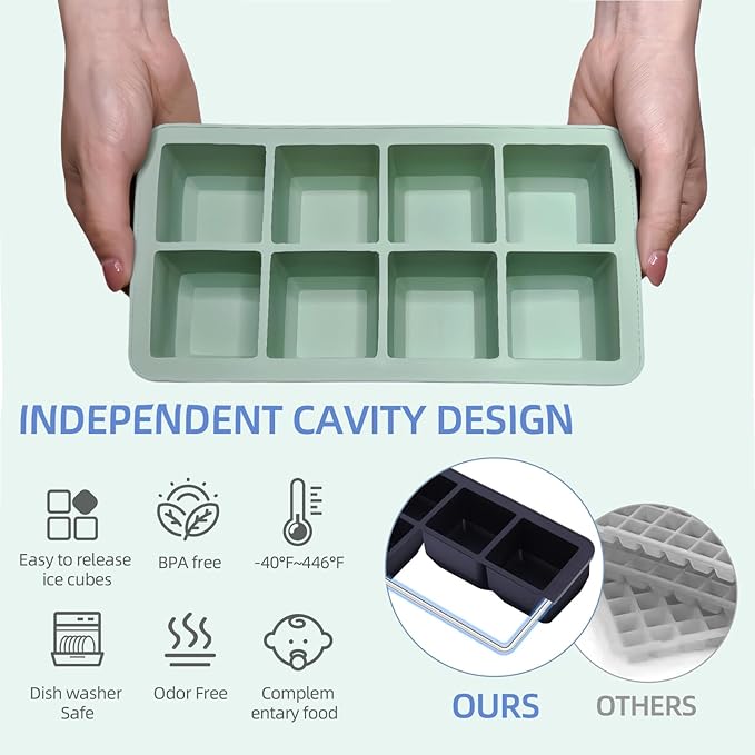 2 Pack Silicone 2 Inch Large Ice Cube Molds for Cocktails Wine Fruit and Bourbon Whiskey Easy Release Ice Cube Tray with Lid Ideal for Cold Drinks and Entertaining Gatherings (Mint Green)