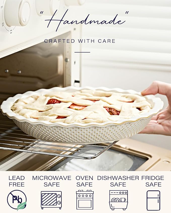 getstar Ceramic Pie Pan, 9 inch Pie Dish for Baking, Non-Stick, Oven & Dishwasher Safe, Farmhouse Decor Quiche Baking Dish, Pie Plate, Deep Dish Pie Pan (Embossed Dots)