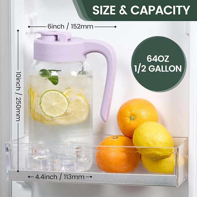 Mason Jar Pitcher - Airtight & Leakproof Glass Pitcher with Lid, Perfect for Breastmilk, Cold Brew, and Sun Tea, 2 Quart (64 oz) Mason Jar with Pour Spout Lid