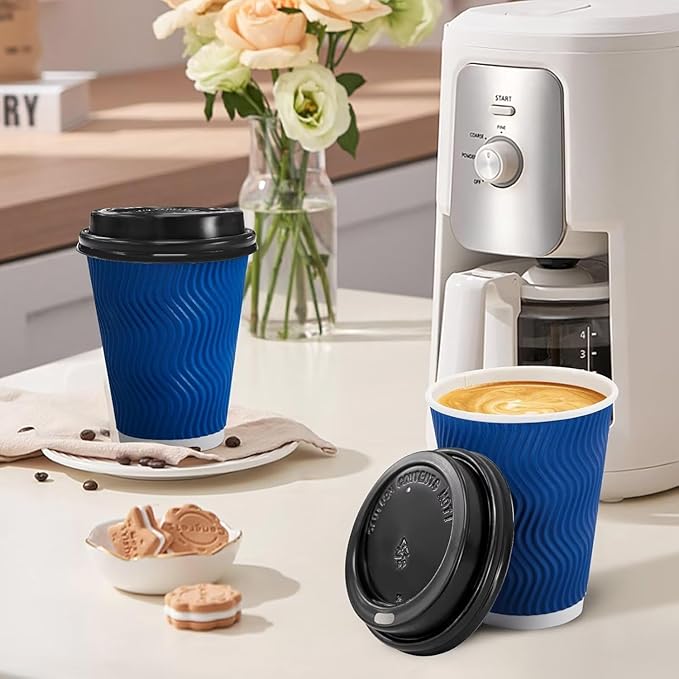 500 Pack Coffee Cups with Lids 16oz, Disposable Insulated Ripple Wall To Go Paper Coffee Cups for Hot/Cold Drinks Office Home Shop Event (Navy)