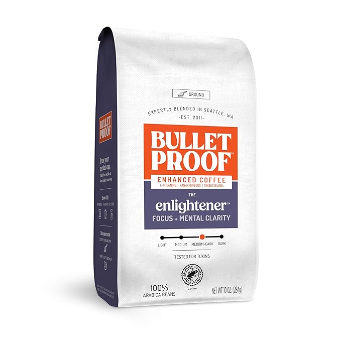 Bulletproof The Enlightener Ground Coffee, 10 Ounces, Medium-Dark Roast Enhanced Coffee with L-Theanine, Panax Ginseng and Gingko Biloba, Supports Mental Clarity, Focus, and Memory
