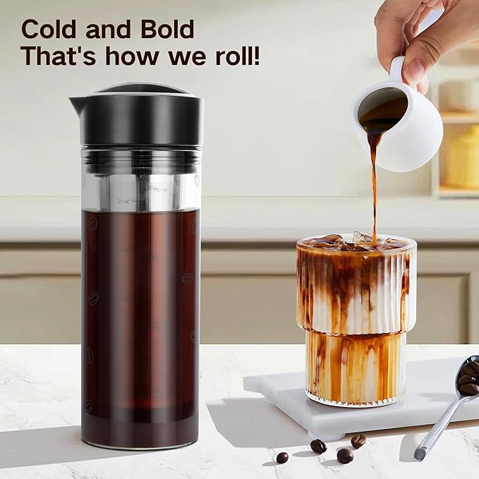 25oz Cold Brew Coffee Maker 4 Cup Capacity Tea Maker, Iced Coffee Pot, Cold Heat Resistant Borosilicate Glass Carafe, Stainless Steel Mesh Filter Basket and Black Freshness Lid