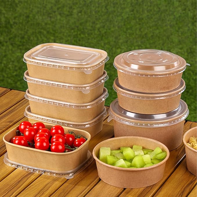 50-Pack 19oz Disposable Kraft Paper Bowls with Lids and Forks, Disposable Meal Prep Containers Bowls Disposable Food Prep Container with Lids, Freezer and Microwave Safe for Hot Soup Cold Food Takeout