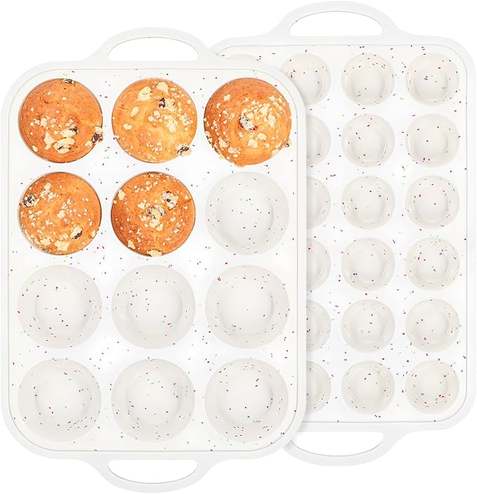 Silicone Muffin Pan with Metal Reinforced Frame - 12 Cups Muffin Pan With 24 Cups for Homemade Muffins, Cupcakes, Oven and Dishwasher Safe - Set of 2, Rainbow Dots