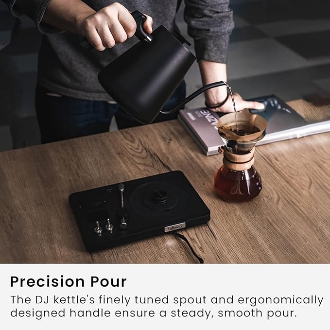 Lafeeca DJ Electric Gooseneck Kettle for Pour Over Coffee & Tea - Water Boiler - Turntable Design - Quick Heating & Temperature Control - Stainless Steel