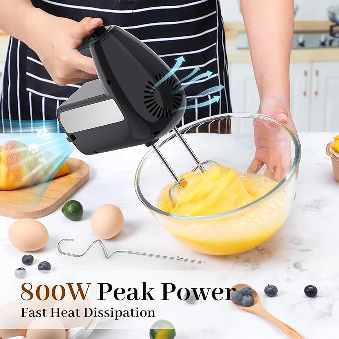 5-Speed Electric Hand Mixer, 800W Handheld Mixer with Turbo for Baking & Cooking, Kitchen Food Mixer with Storage Case & 6 Stainless Steel Attachments (2 Beaters, 2 Dough Hooks, 2 Whisks)-Black