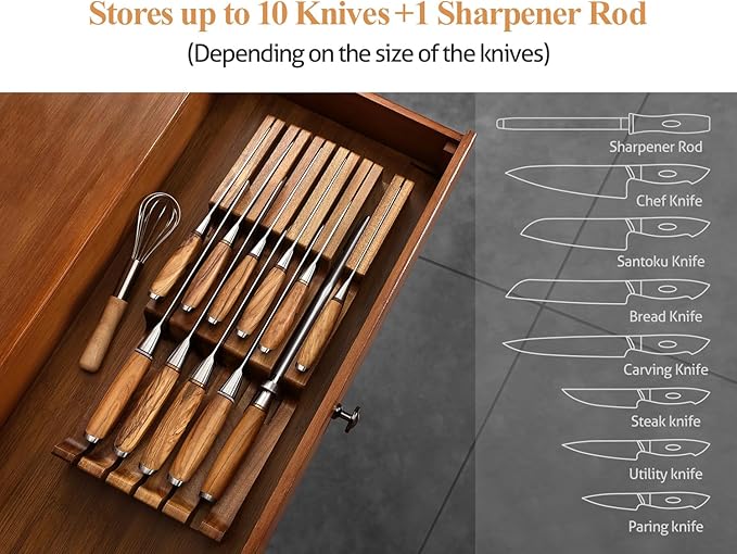 XINZUO In-drawer Knife Block, Natural Acacia Knife Drawer Oganizer, Insert-Kitchen Storage Holder, 11 Slots, Holds up to 11 Various Size Knives, Countertop Saving&Knife Protective