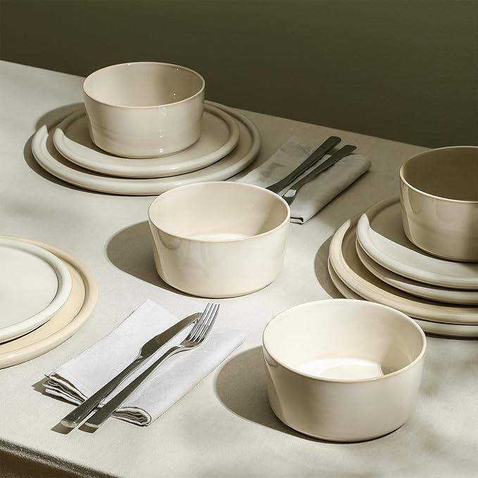 Stone Lain Eden 24-Piece Dinnerware Set Stoneware, Plates and Bowls Set, Dishwasher and Microwave Safe Dish, Dish Set for 8, Beige